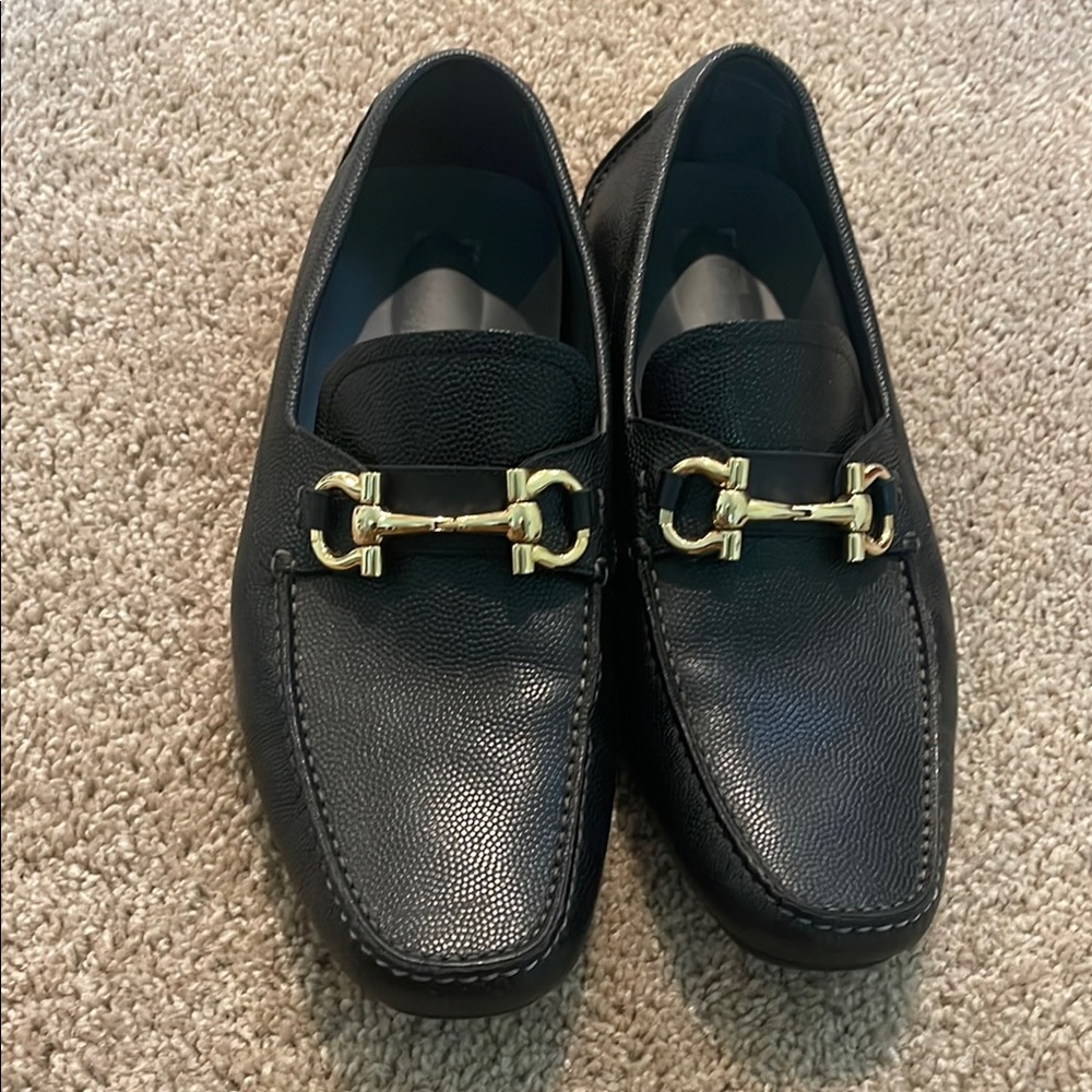 Men's Black Leather Loafers with Gold Detailing